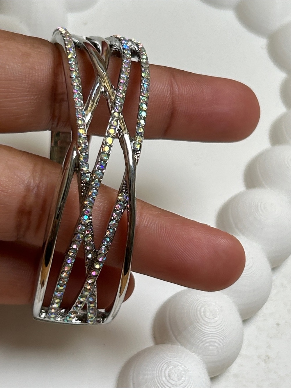 Crystal Pavé Ab Silver-Tone Crossover Bangle Bracelet